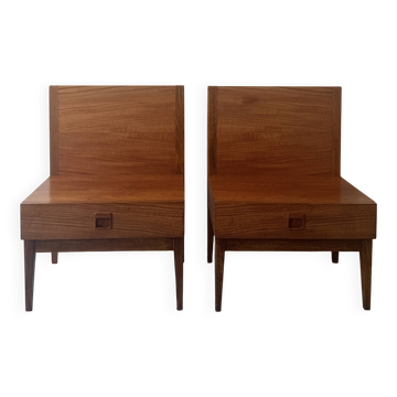 Modernist pair / Scandinavian wooden bedside tables, 1970 design.