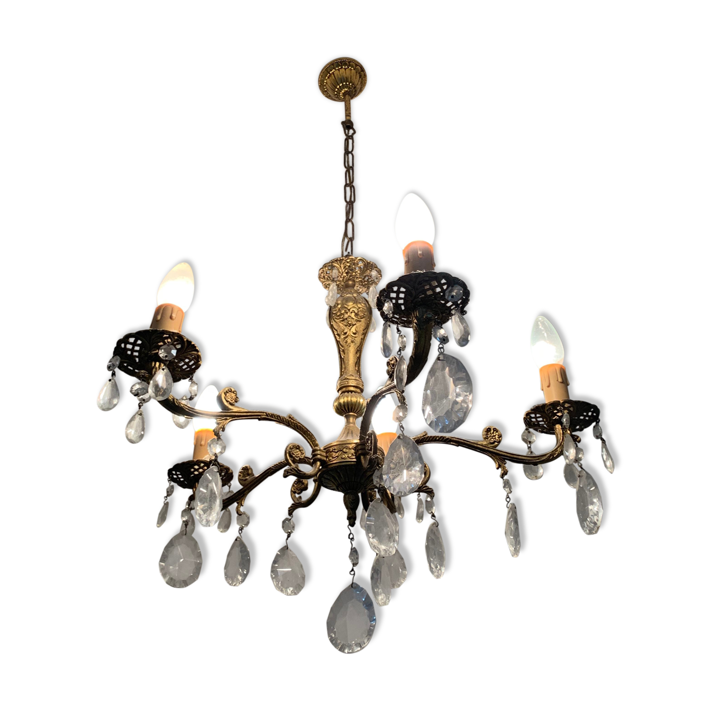 Lustre doré pampilles 5 branches | Selency