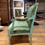 Louis XVI style bench in blue lacquered wood with gold trim