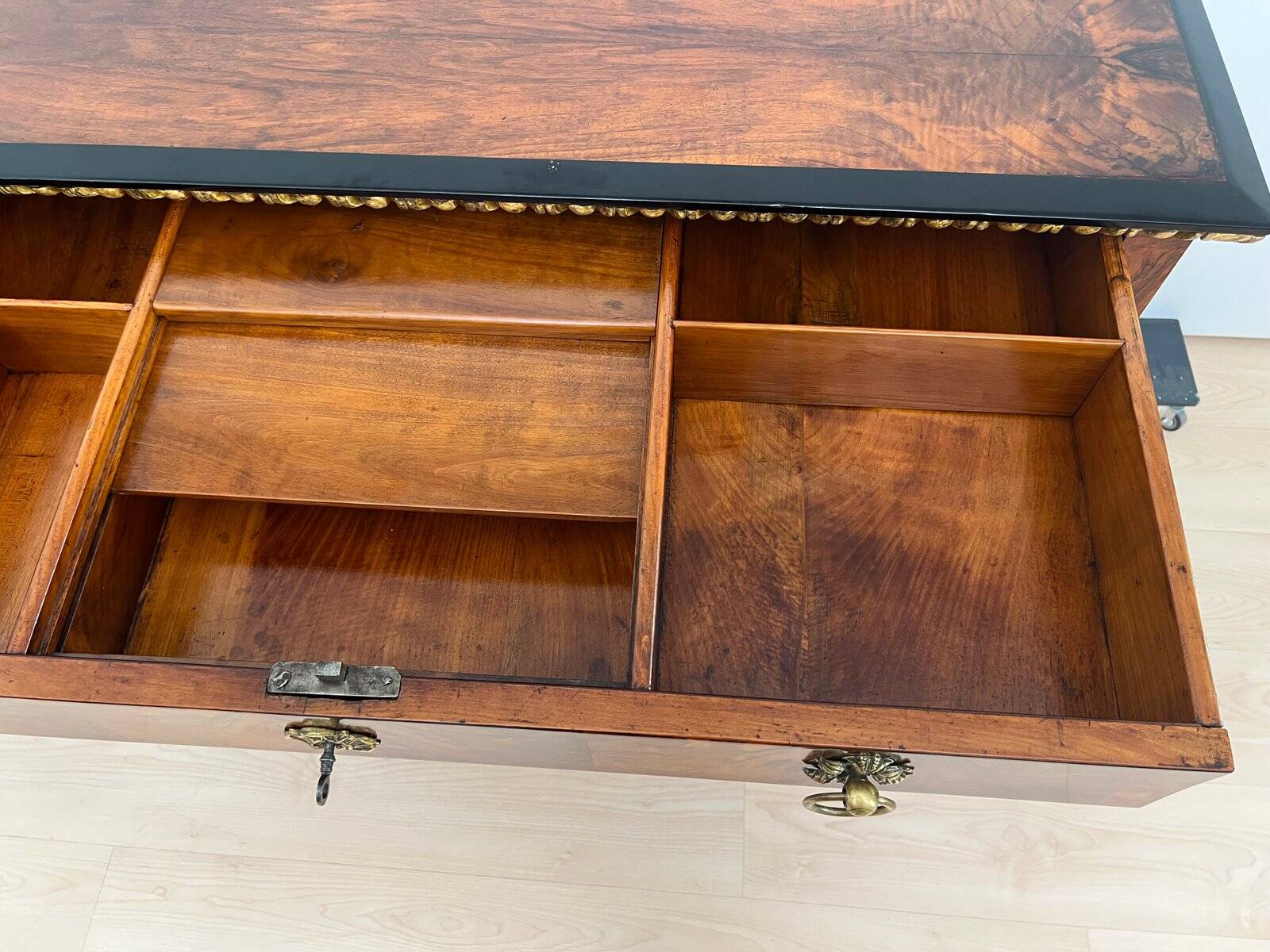 Biedermeier Chest in Walnut Veneer, Cherry, Gold Leaf & Brass, Austria, 1815