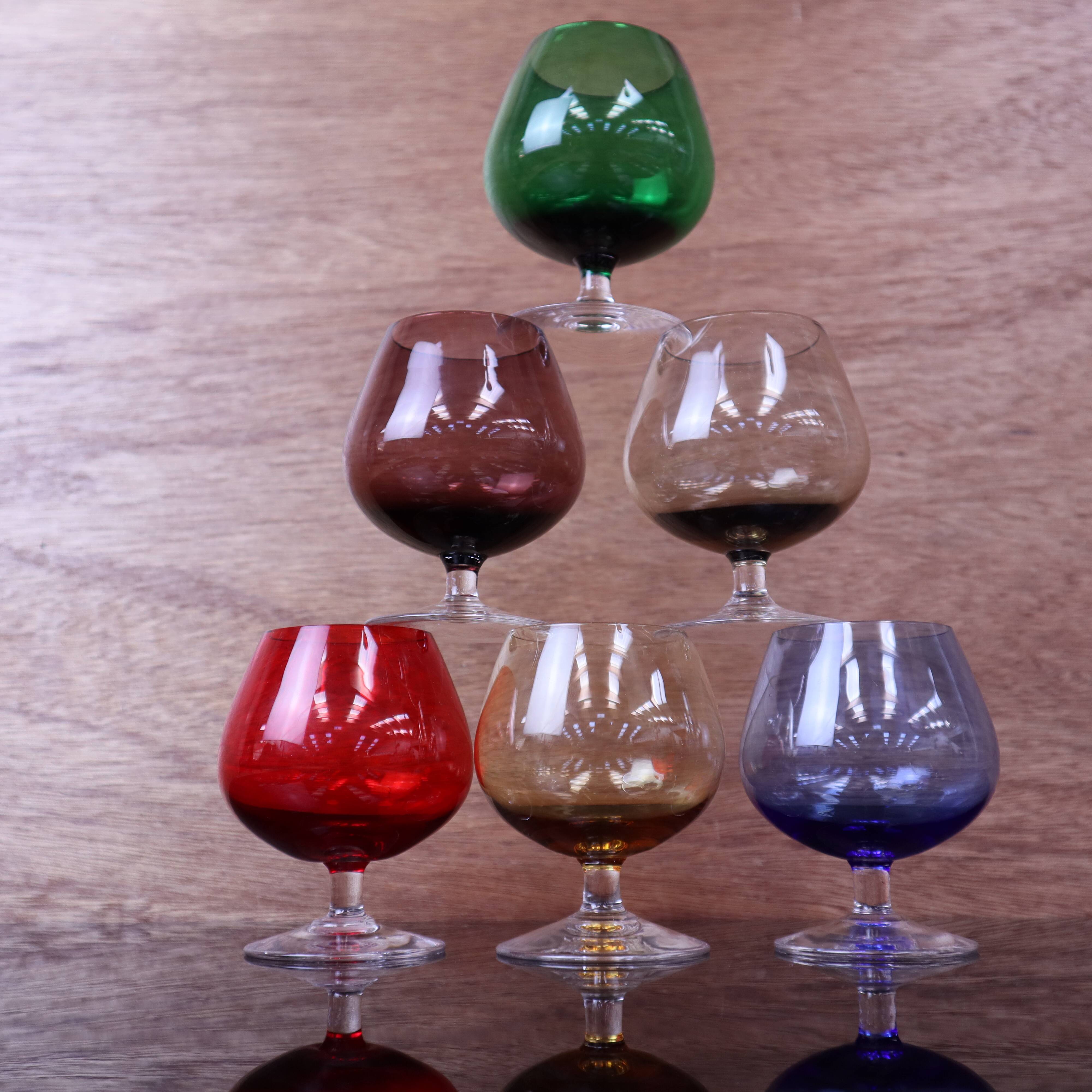 6 vintage coloured cognac glasses