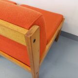 Set of 2 vintage Baumann armchairs in orange fabric and wood from the 80s