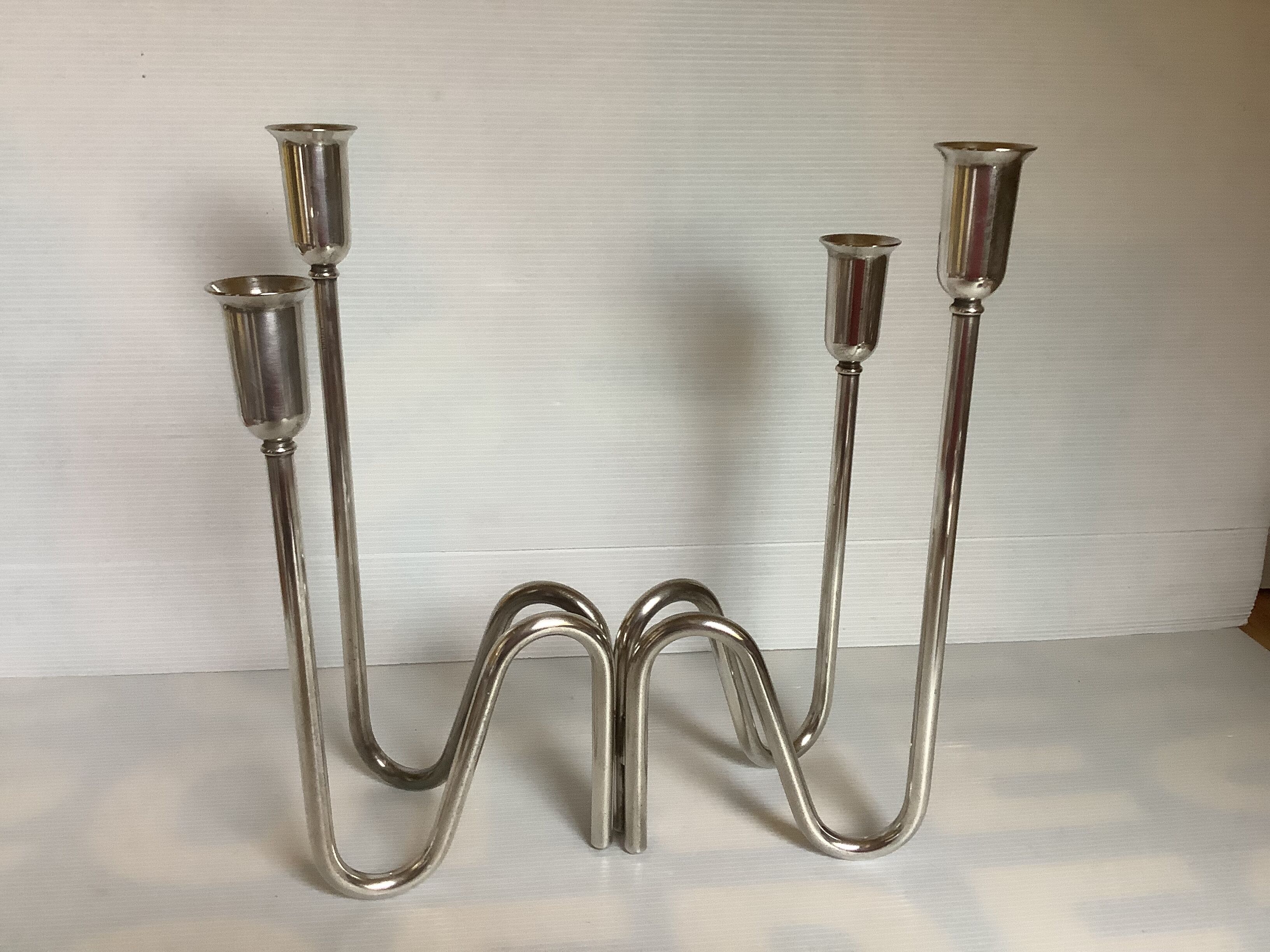 Pair of modernist candle holders silver metal PM Italy