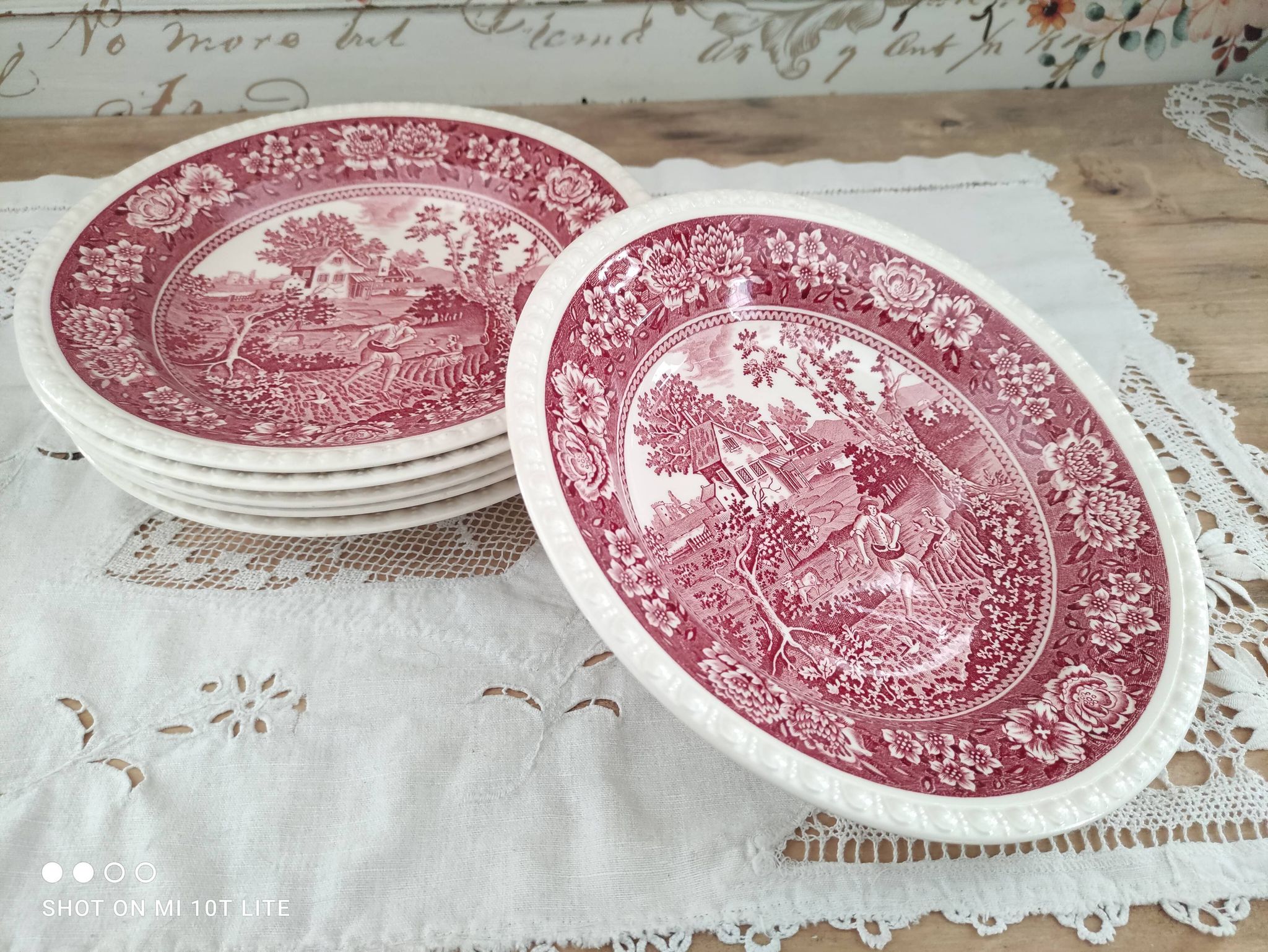 Set of 6 hollow plates in opaque porcelain Villeroy & Boch model Rusticana red English décor