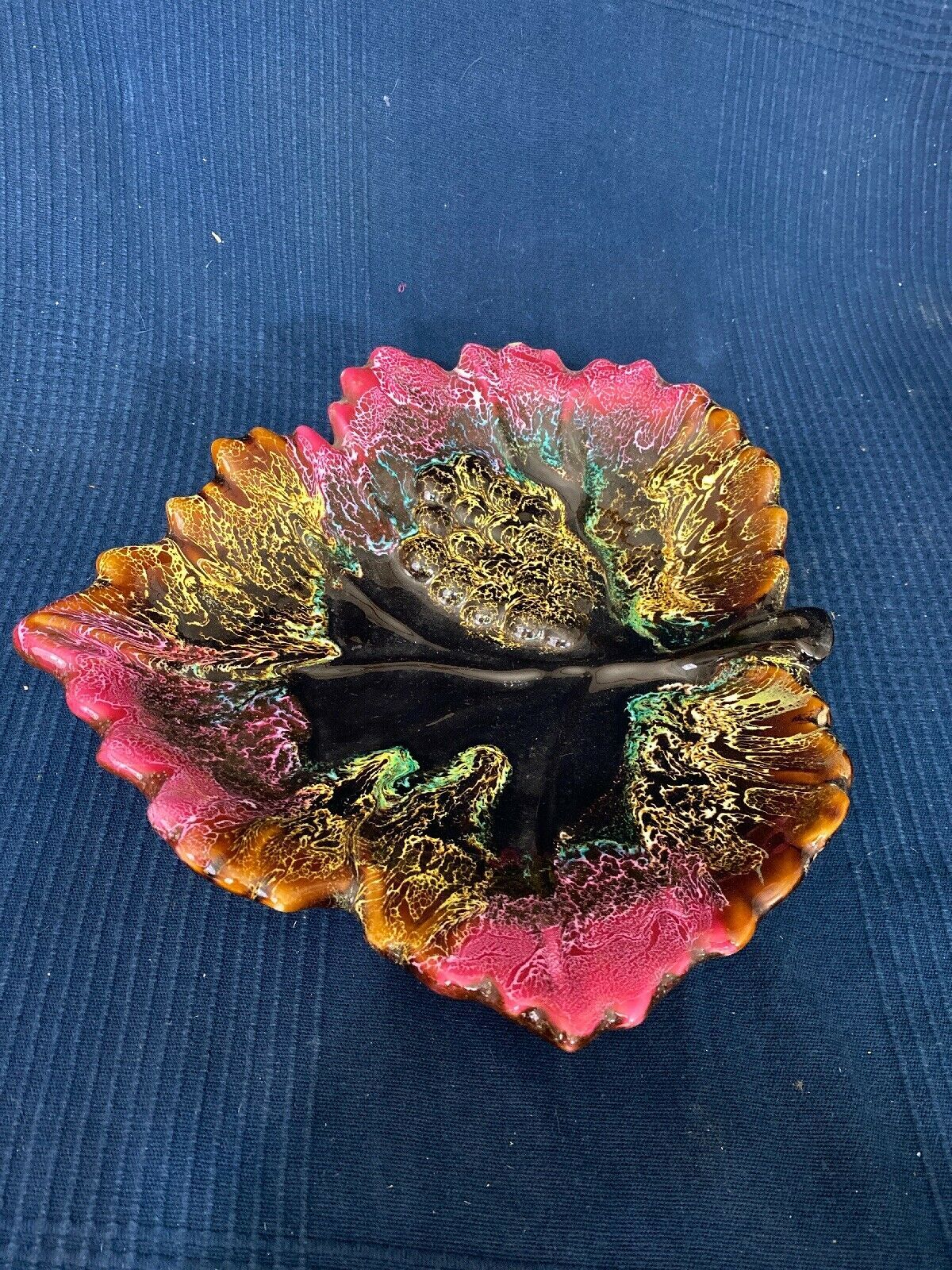 Ceramic leaf-shaped dish by vintage old Vallauris