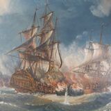Painting battleship engaged in naval combat world war 2