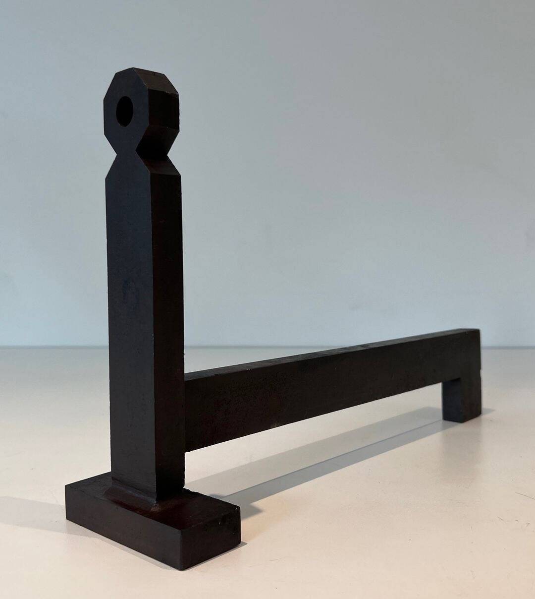 Pair of Minimalist Modernist Wrought Iron Chenets with Torch Holders in Nut Design
