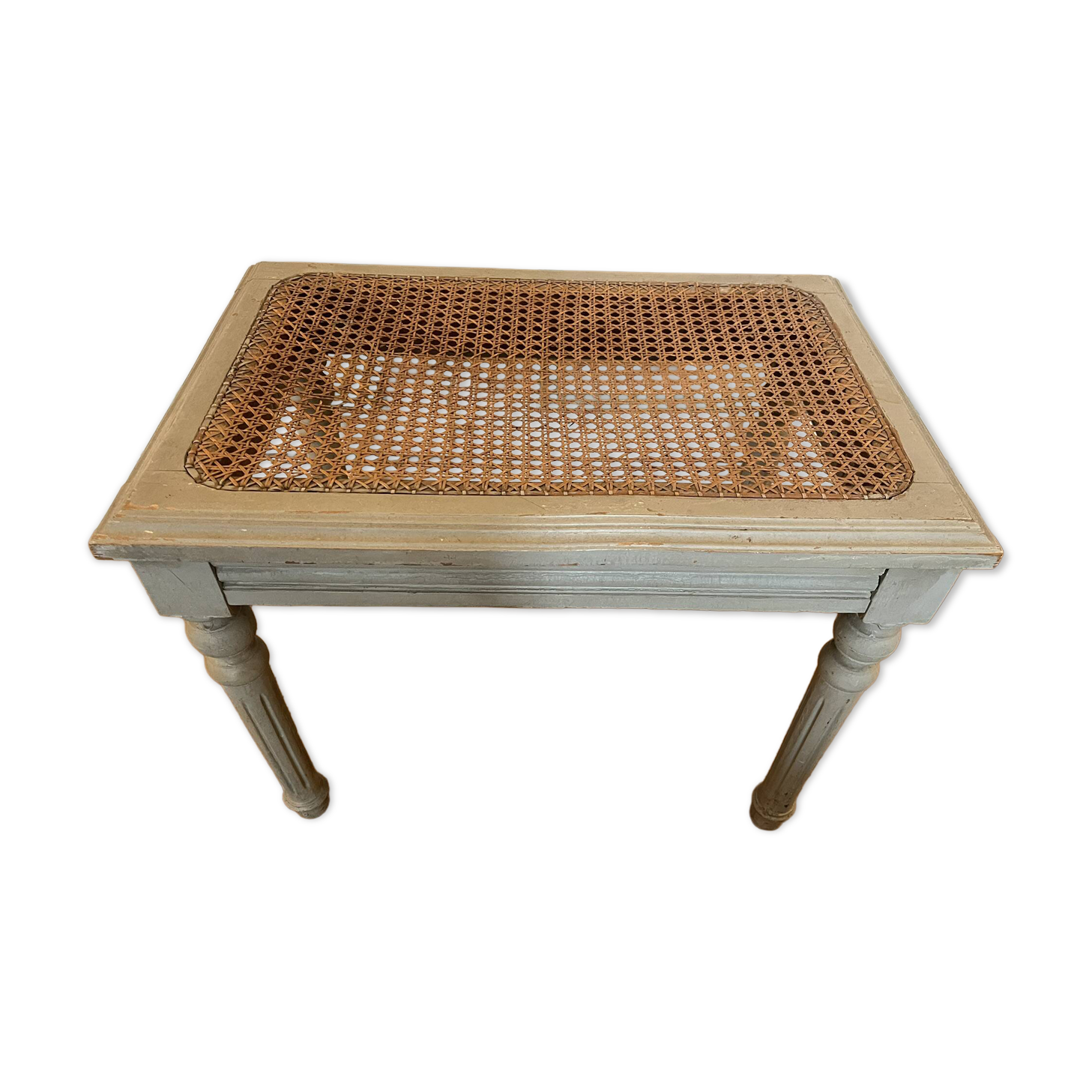 Footrest / bedroom stool Louis XVI — Celadon grey lacquered — Caned