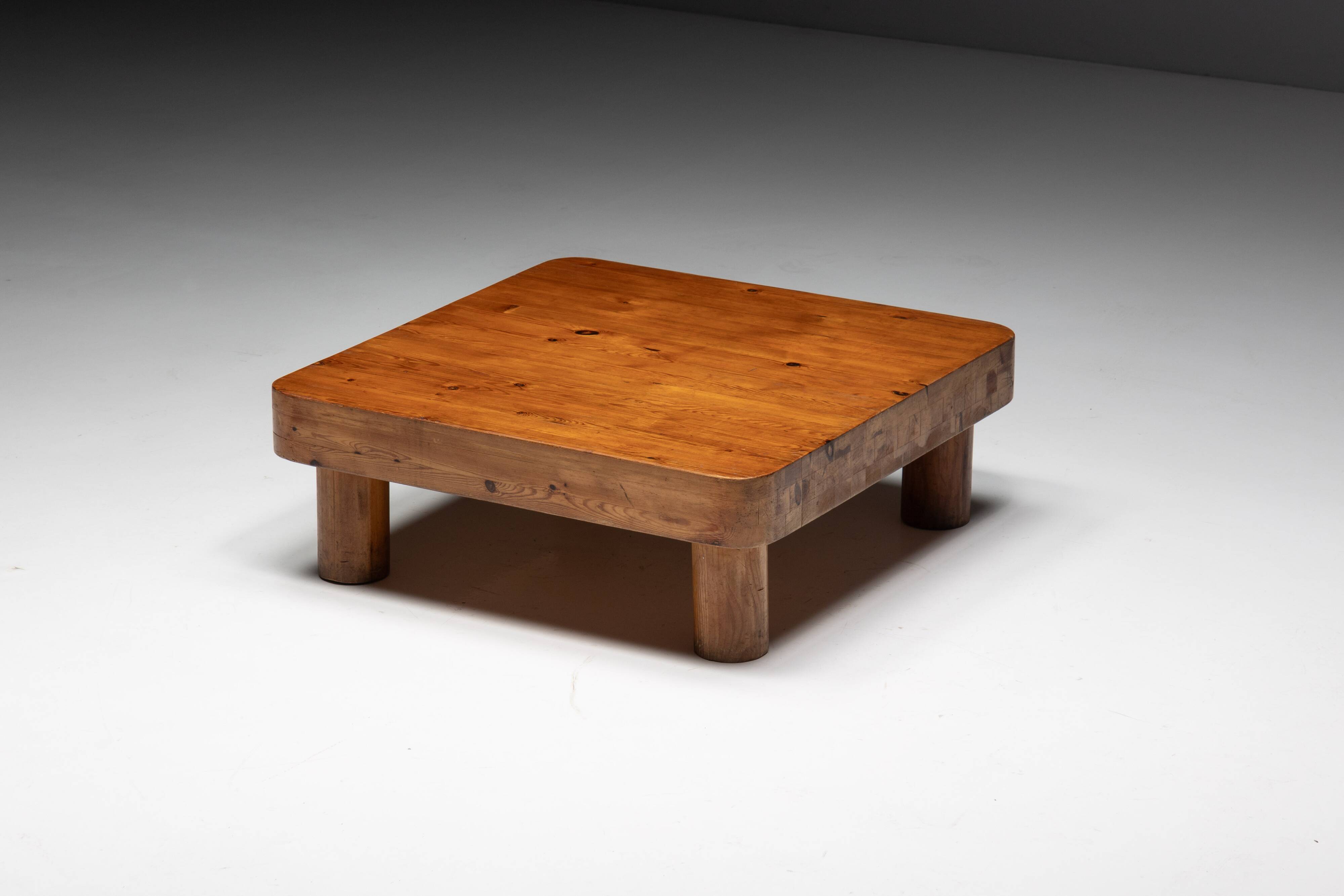 Brutalist pine low coffee table, France, 1960s