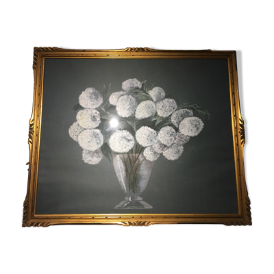 Tableau nature morte aux fleurs blanches années 70