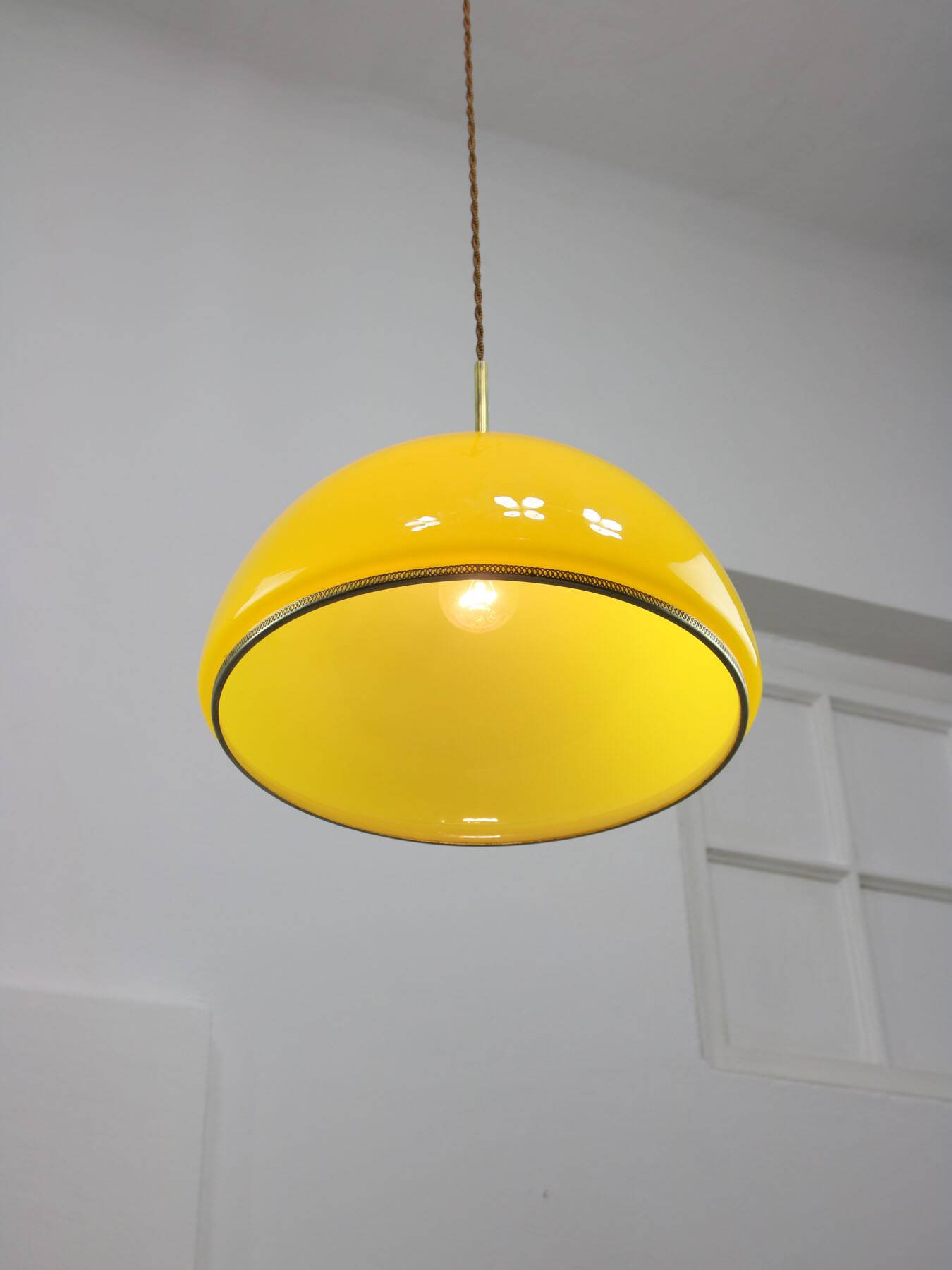 Mid-Century Italian Yellow Glass and Brass Pendant Lamp