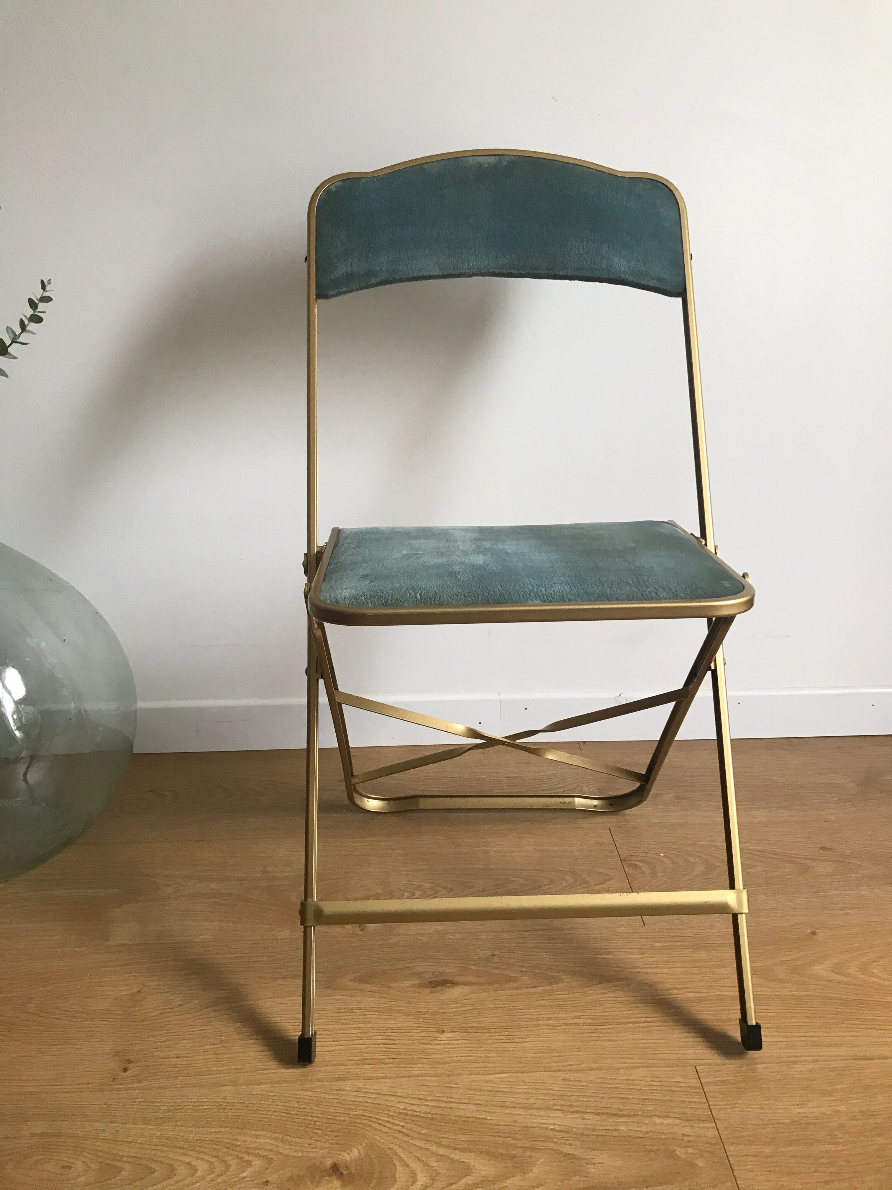 Vintage chaisor folding chair golden frame and blue velvet