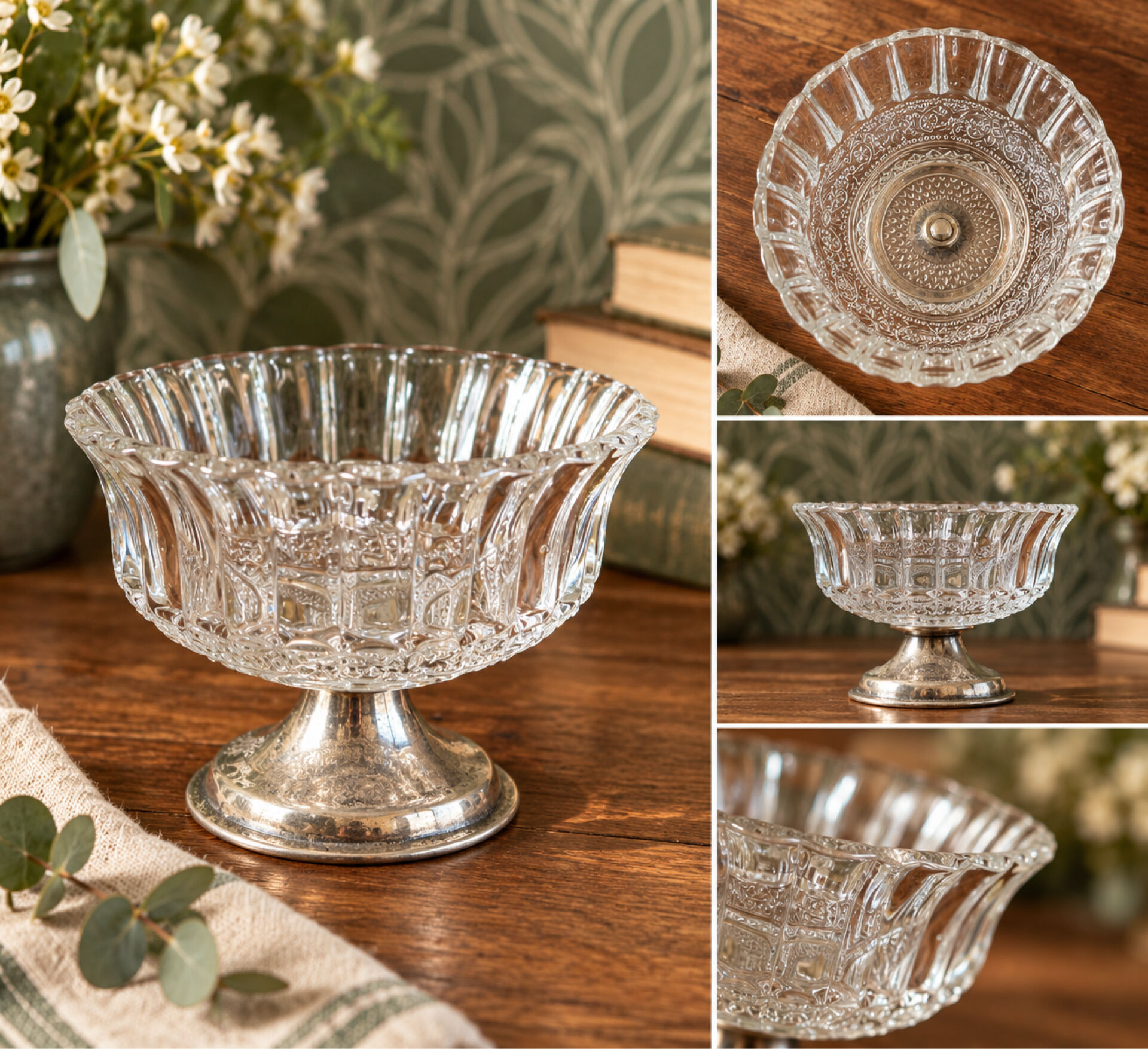 Small vintage footed bowl – worked glass & silver-plated metal