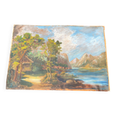 Tableau paysage lac et montagnes huile signé Comte Delaporte 1953