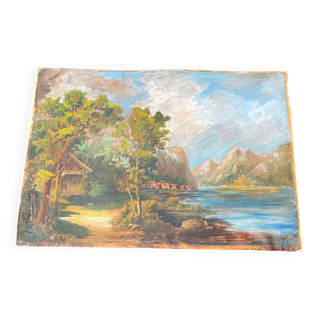 Landscape painting of a lake and mountains, oil on canvas, signed Comte Delaporte 1953.