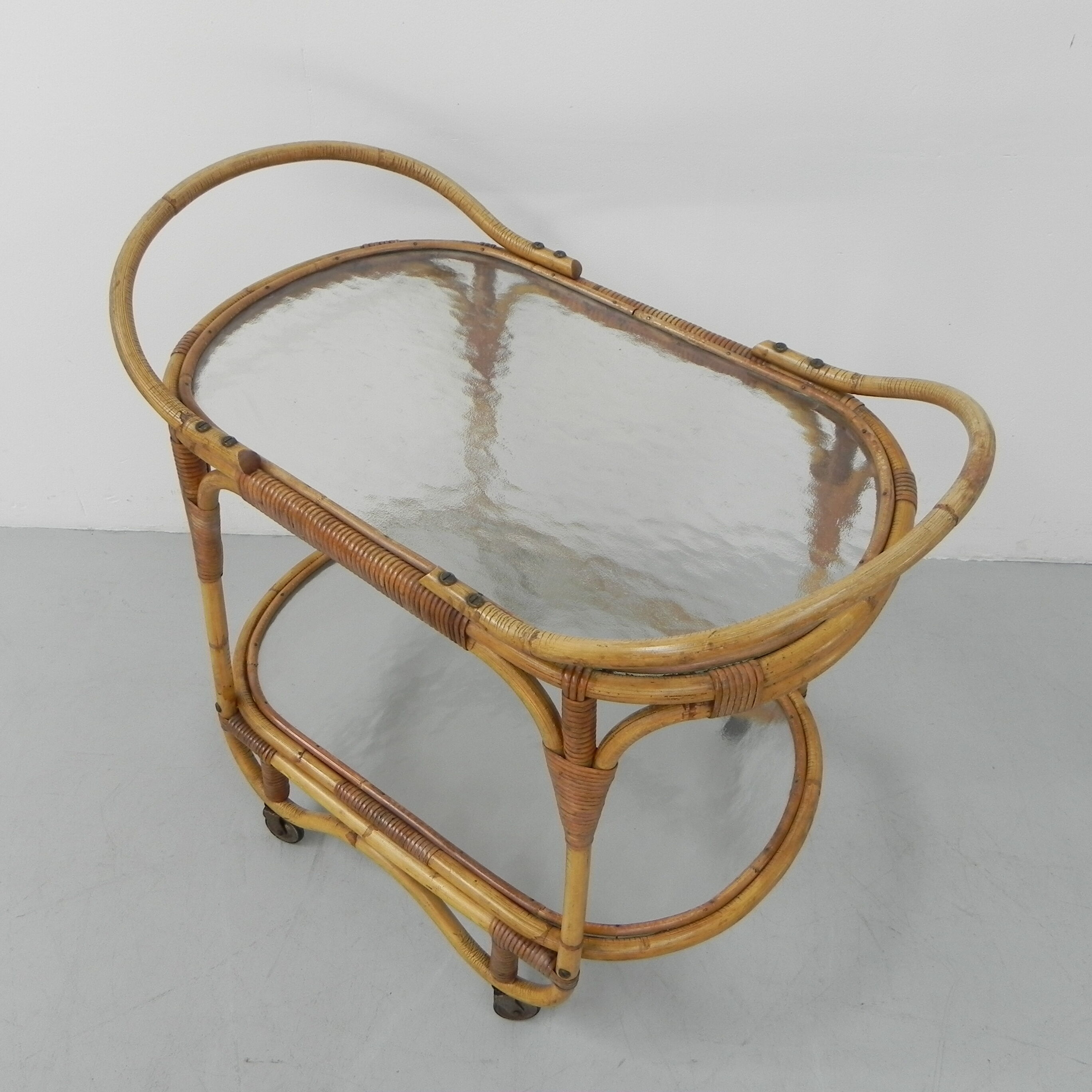 Bamboo, rattan serving trolley on castors