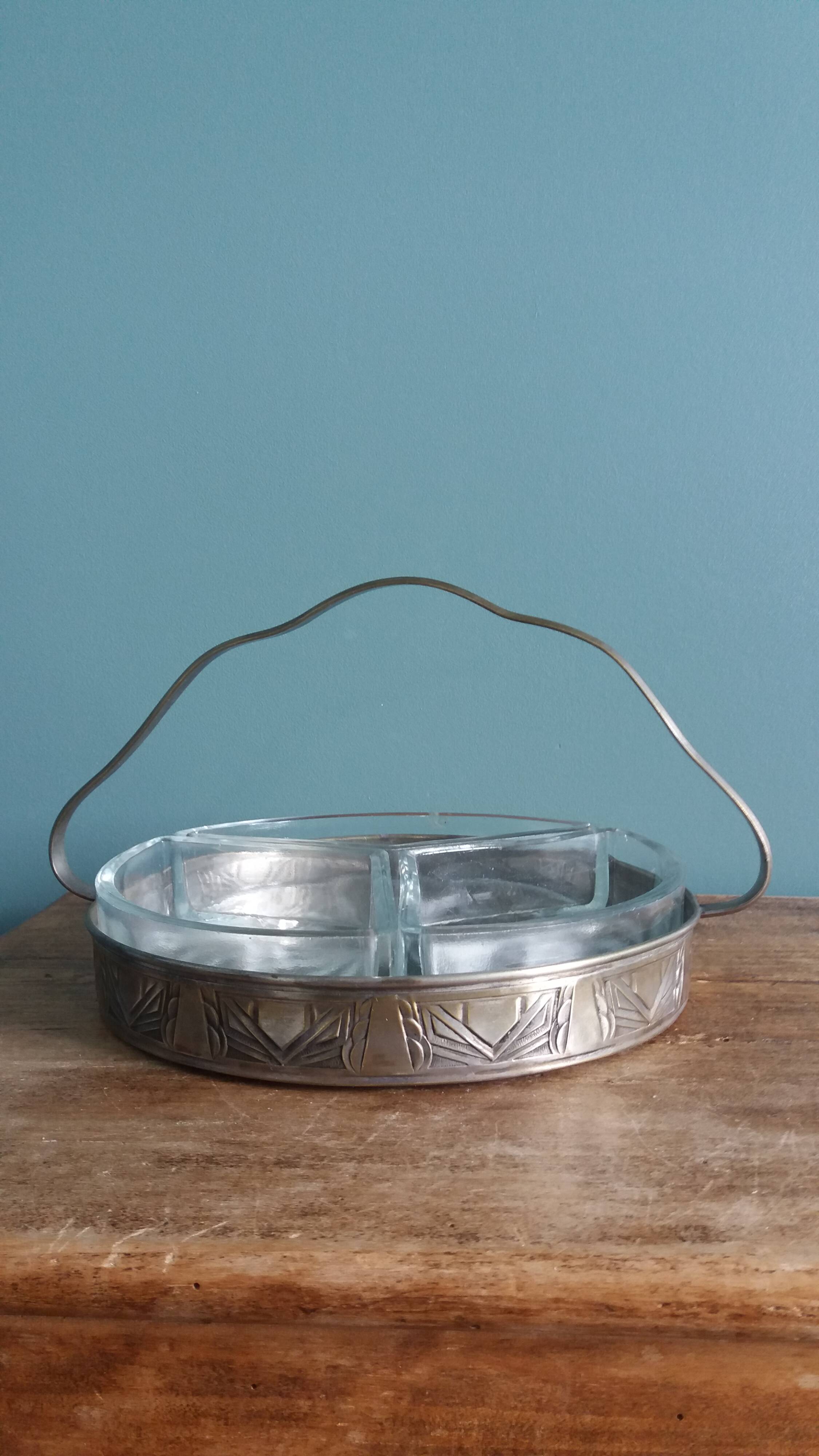 Aperitif platter, metal server and glass ramekins, Art Deco