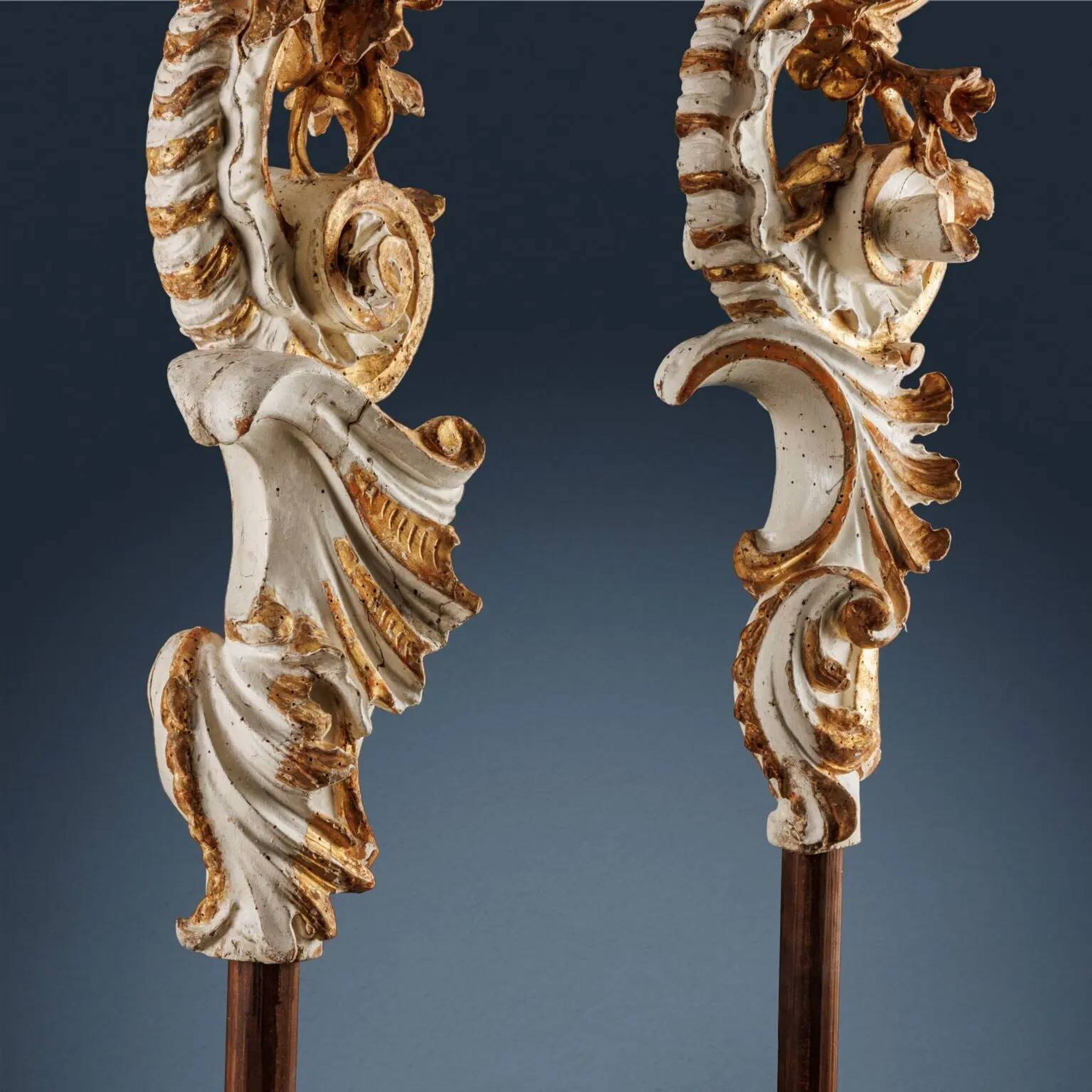 Pair of antique baroque wooden candlesticks, Italy, circa 1750.
