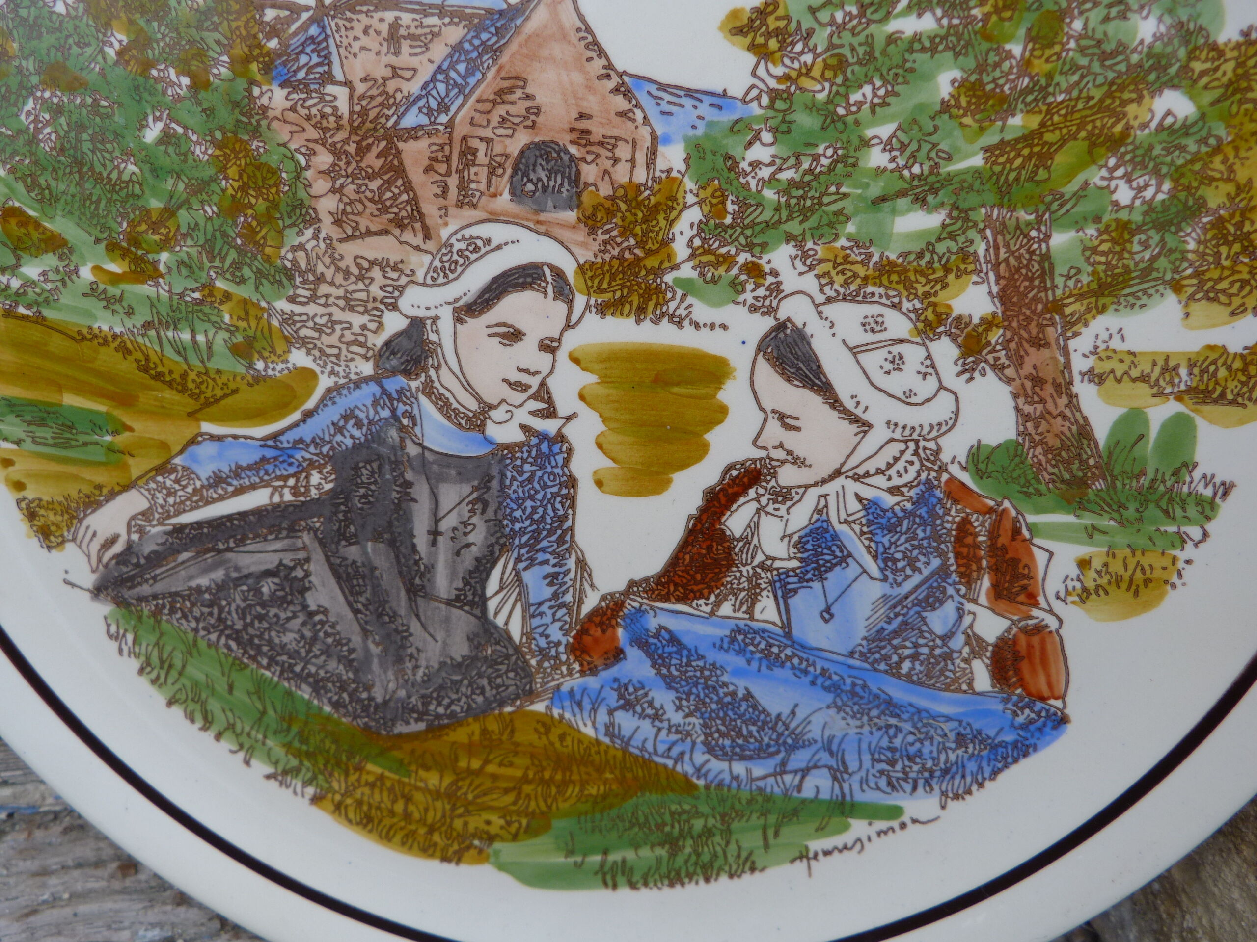 Antique decorative plate Pornic ceramic signed Henry Simon