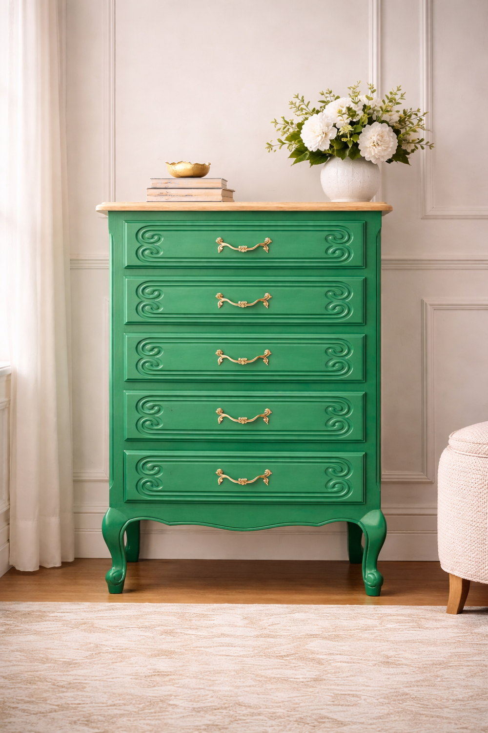 Vintage green oak chest of drawers from the 1960s.