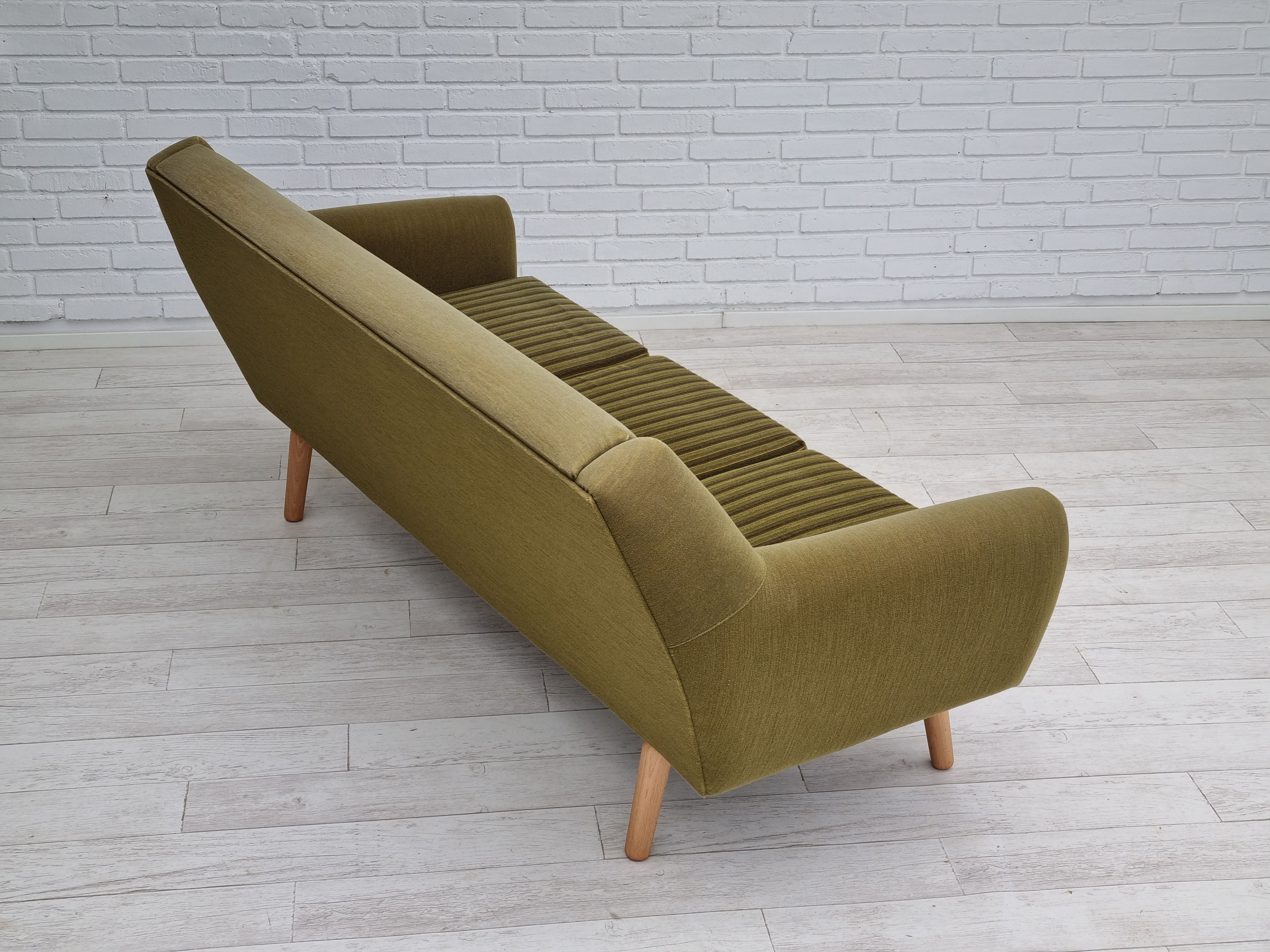 1970s, Danish 3-seater sofa, original very good condition, green furniture fabric, oak