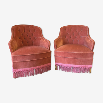 Pair Coral Pink 1950s French Tub Chairs
