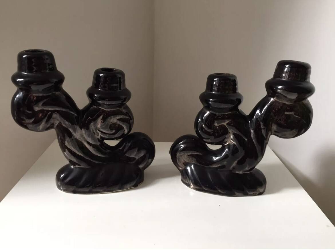 Set of black Vallauris candlesticks, 1950s vintage