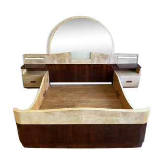 Bed with integrated bedside in rosewood and parchment, art deco period, twentieth century