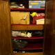 Oak wood cabinet with mirror, red velvet carpeted inside