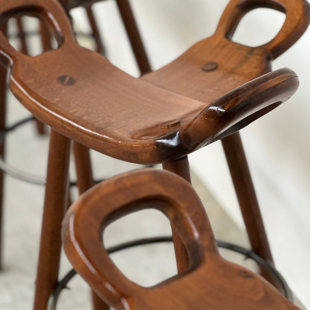 Vintage Sergio Rodrigues style bar stool, solid wood saddle stool, Brazilian modern