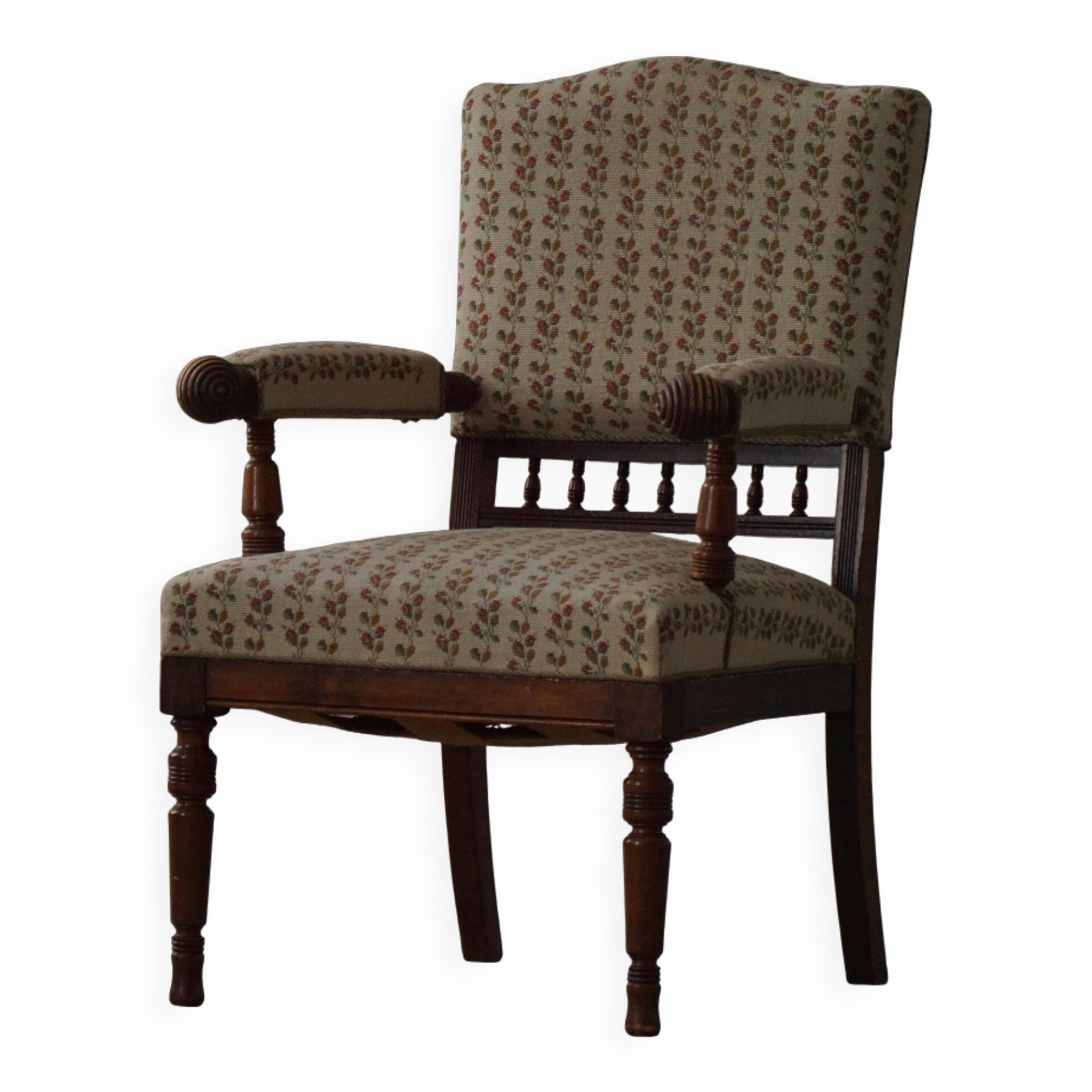 Fauteuil danois moderne en bois tourné avec tissu floral, début du XXe siècle