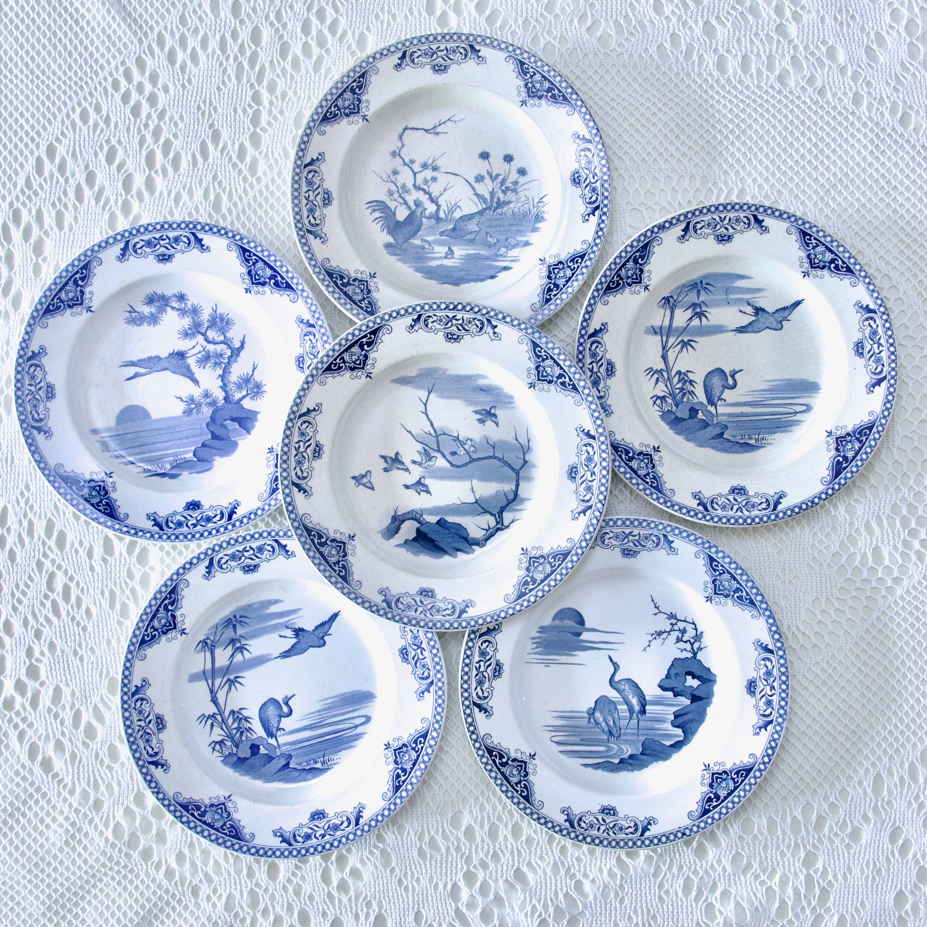 19th century plates Gien iron earth collection with Japanese birds