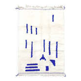 Tapis berbère Beni Ouarain écru à motifs bleu majorelle 2,60x1,47m