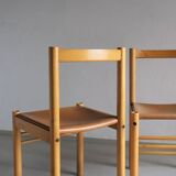 6 beech wood cognac leather chairs | Ibisco | Italy | 1960s