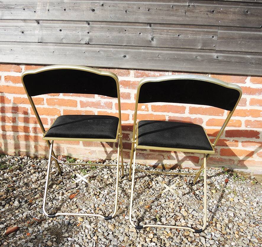 2 Antique Brass & Black Velvet Folding Chairs