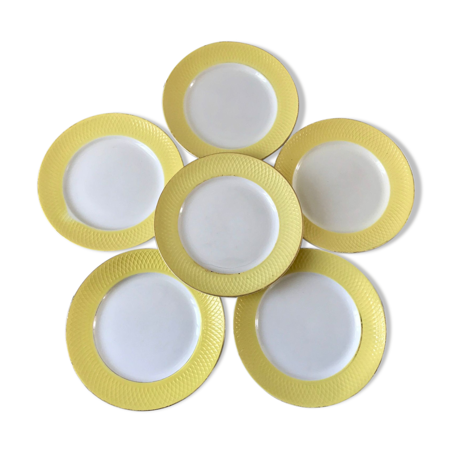 set of 6 flat plates Moulin des Loups textured canary yellow 50s