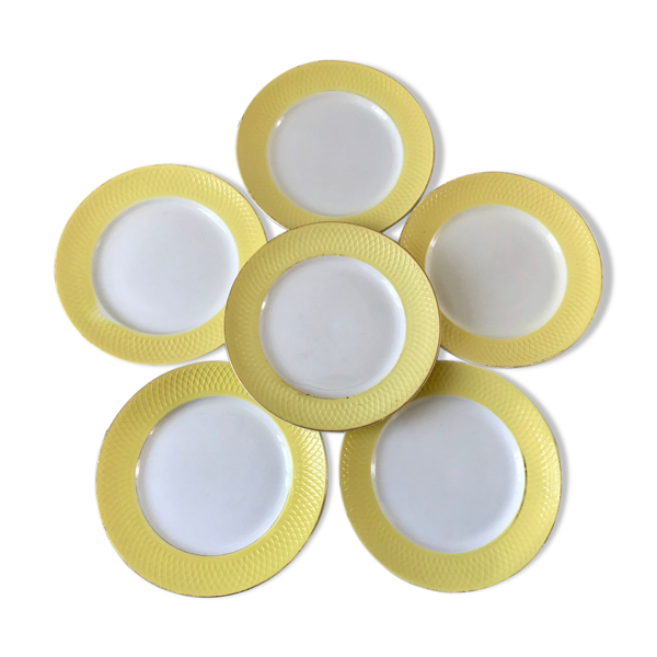 Lot de 6 assiettes plates moulin des loups texturées jaune canari années 50
