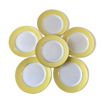 Lot de 6 assiettes plates moulin des loups texturées jaune canari années 50