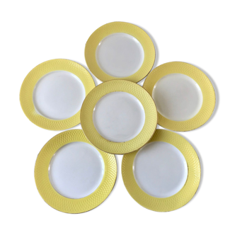 set of 6 flat plates Moulin des Loups textured canary yellow 50s