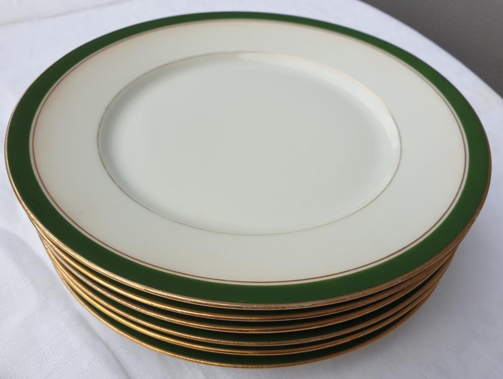Set 6 porcelain plates Aux Lions de Faïence 1920 imperial green and gold