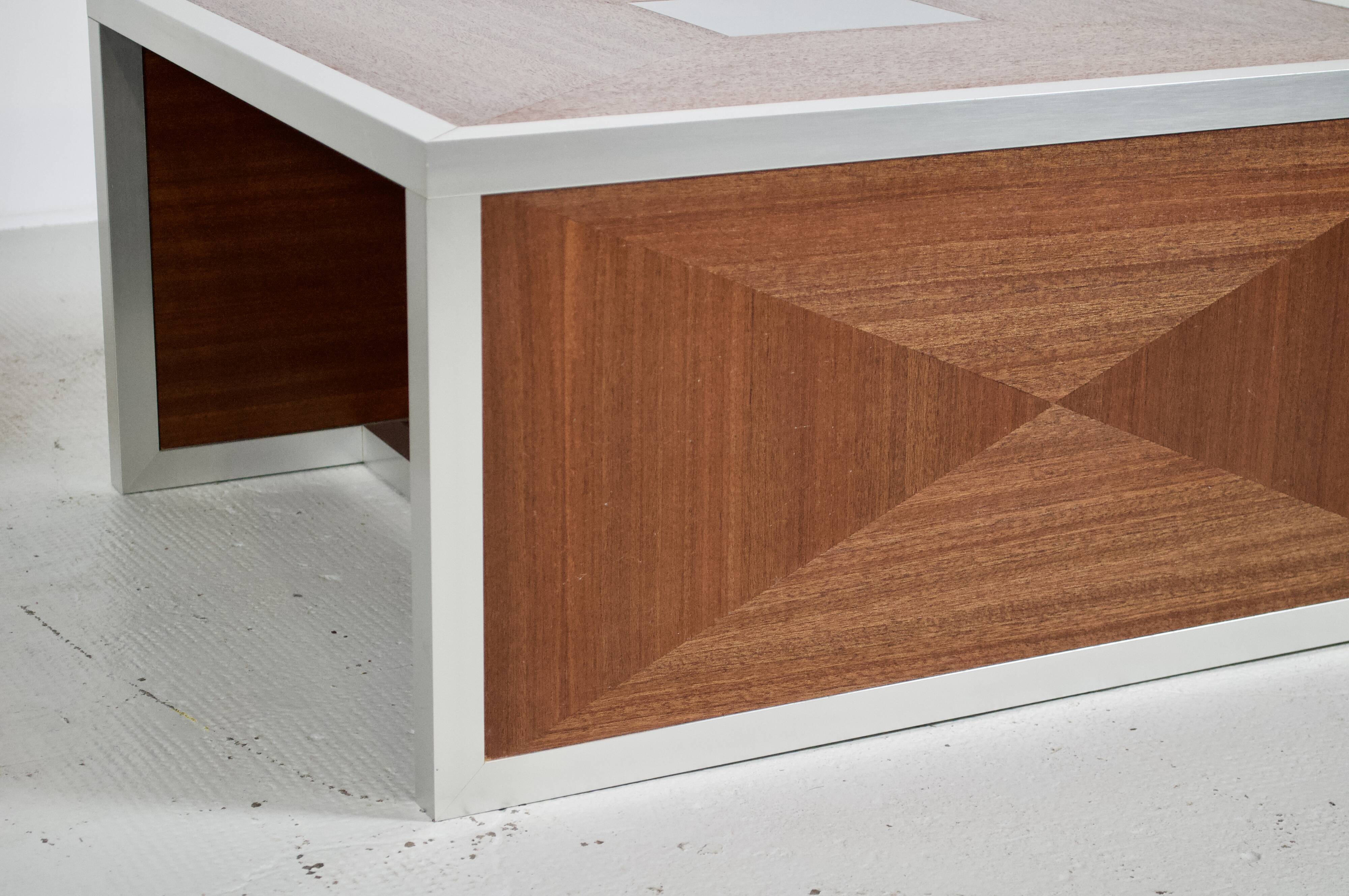 Pair of 70's aluminum and mahogany coffee/sofa end tables