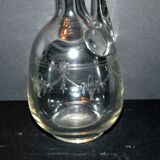 Antique carafe, blown glass can, acid-etched, garland basket, 1900