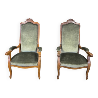 Pair of Voltaire armchairs in dark oak green velvet