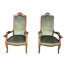 Paire de fauteuils Voltaire en chêne foncé velours vert