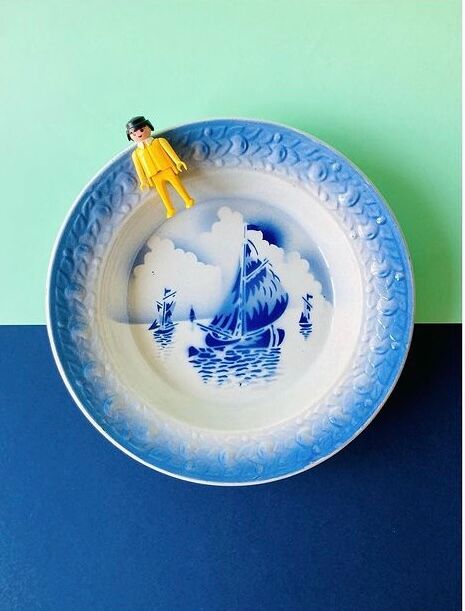 LARGE HOLLOW DISH MOULINS DES LOUPS AND HAMAGE MARINE PATTERN IN CERAMIC-RETRO-KITCHEN-VINTAGE