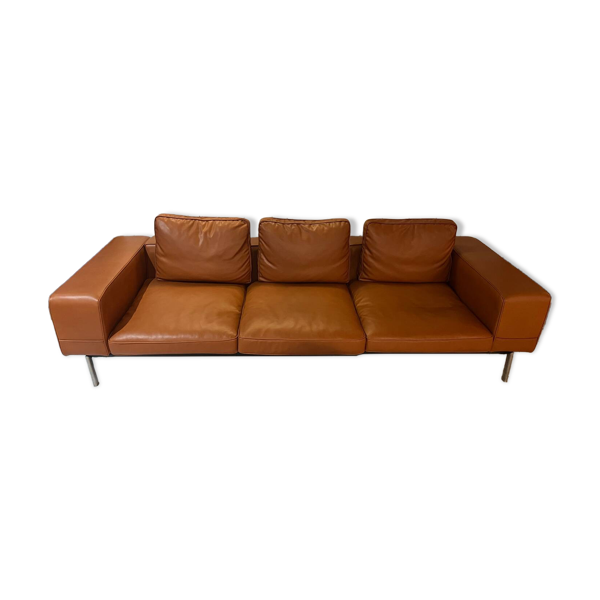 Canapé en cuir cognac minimaliste 3 places