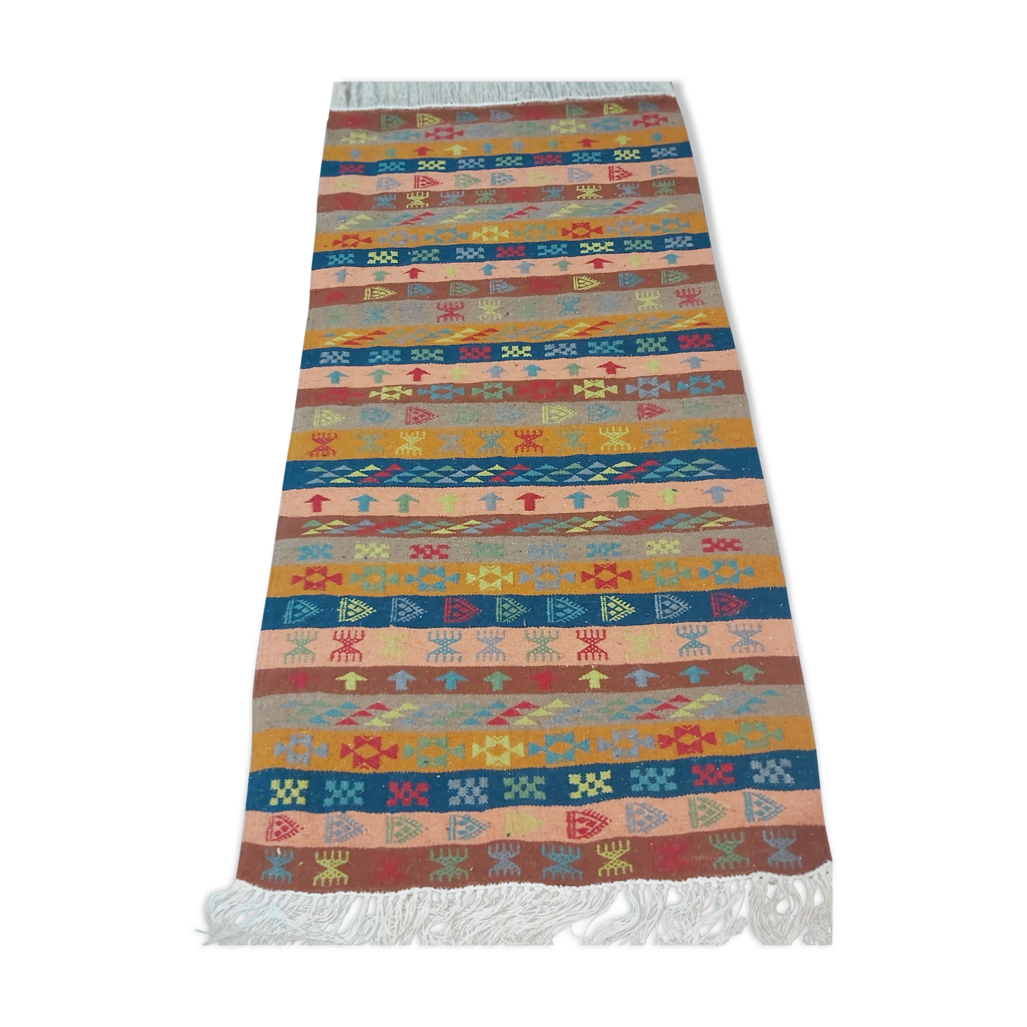 Traditional handmade multicolored striped margoum rug -150x75cm