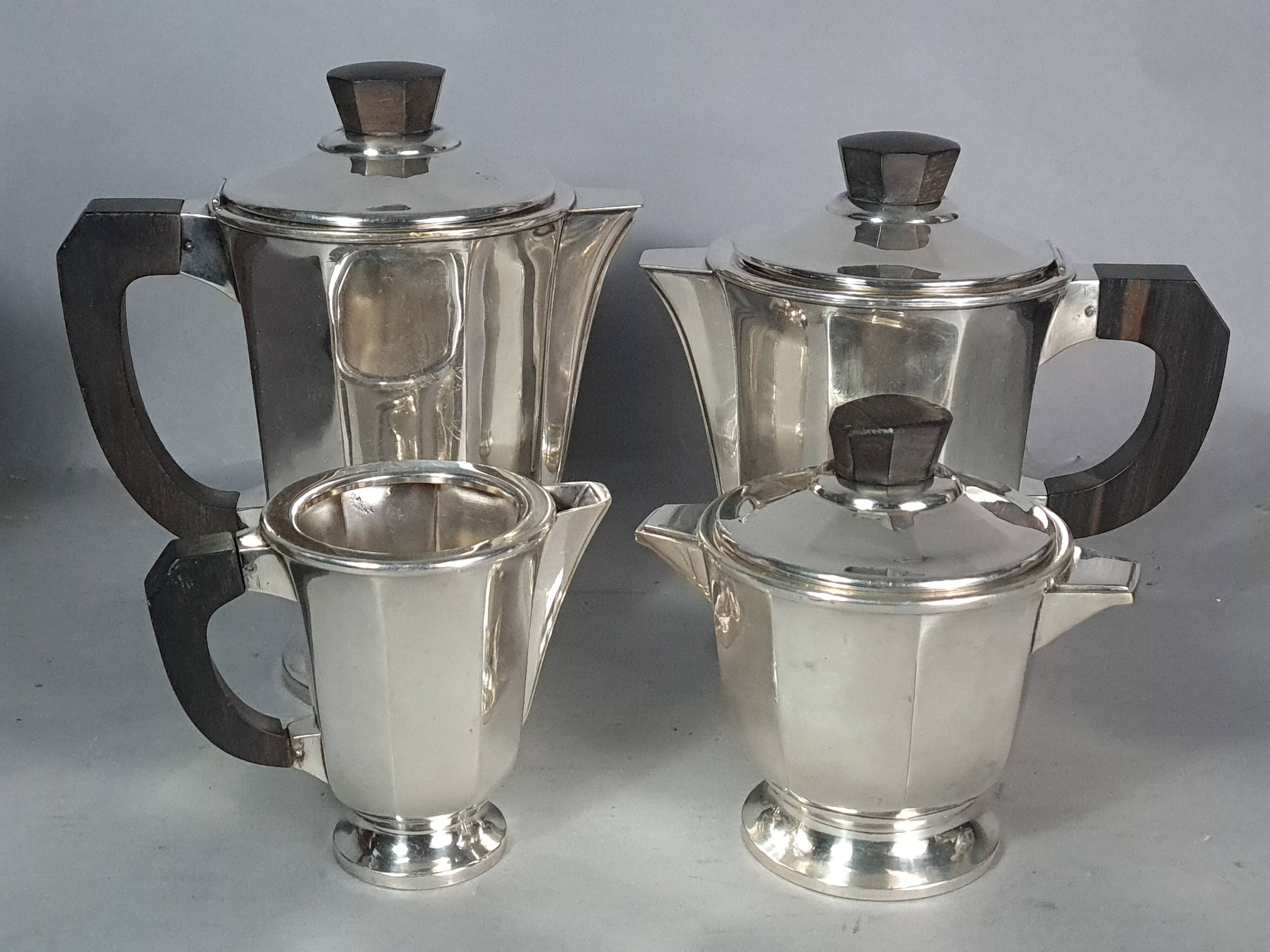 Service café & thé Art déco métal argenté et palissandre S889