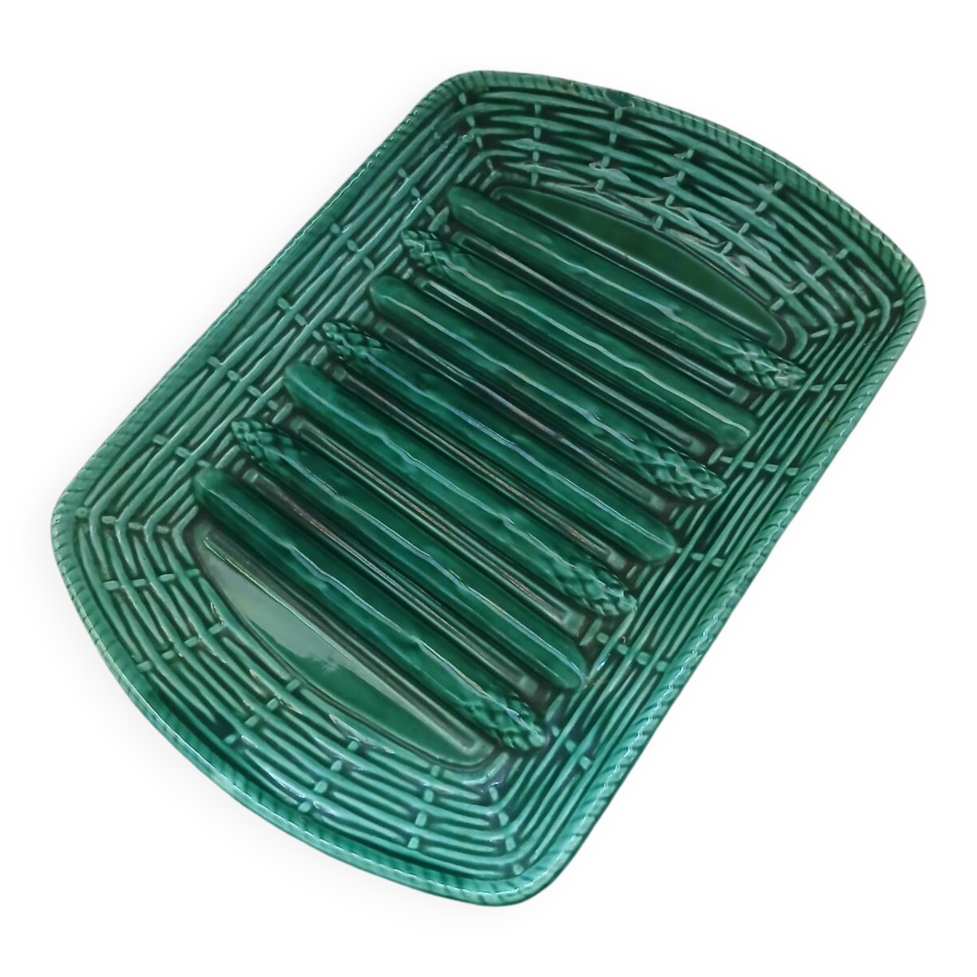 Antique Barbotine dish with asparagus motifs