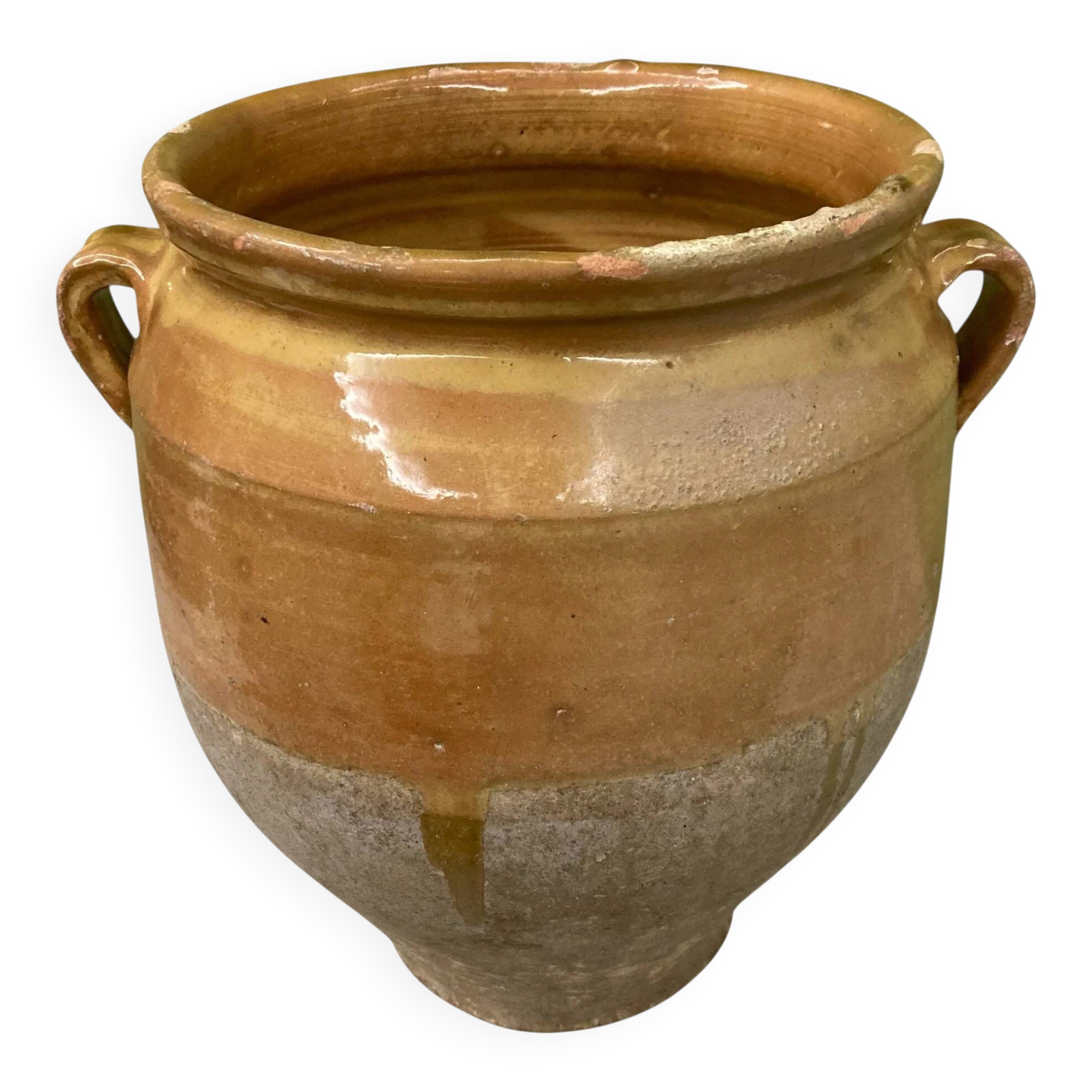 19th-century confit pot. Glazed yellow terracotta pottery.